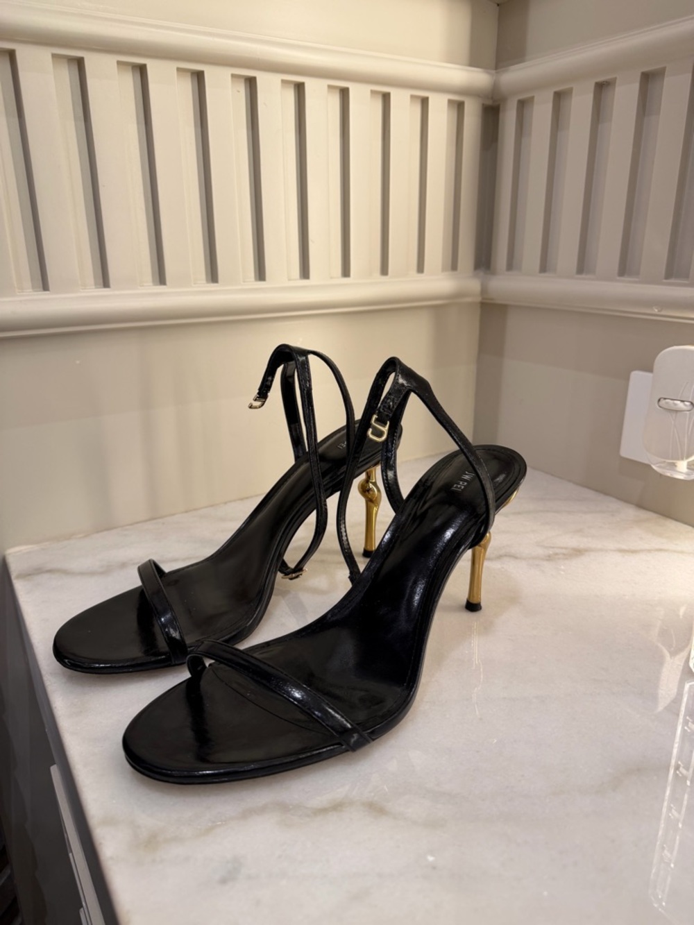 JW PEI Black Patent Strappy Sandal with Gold Stiletto Heel